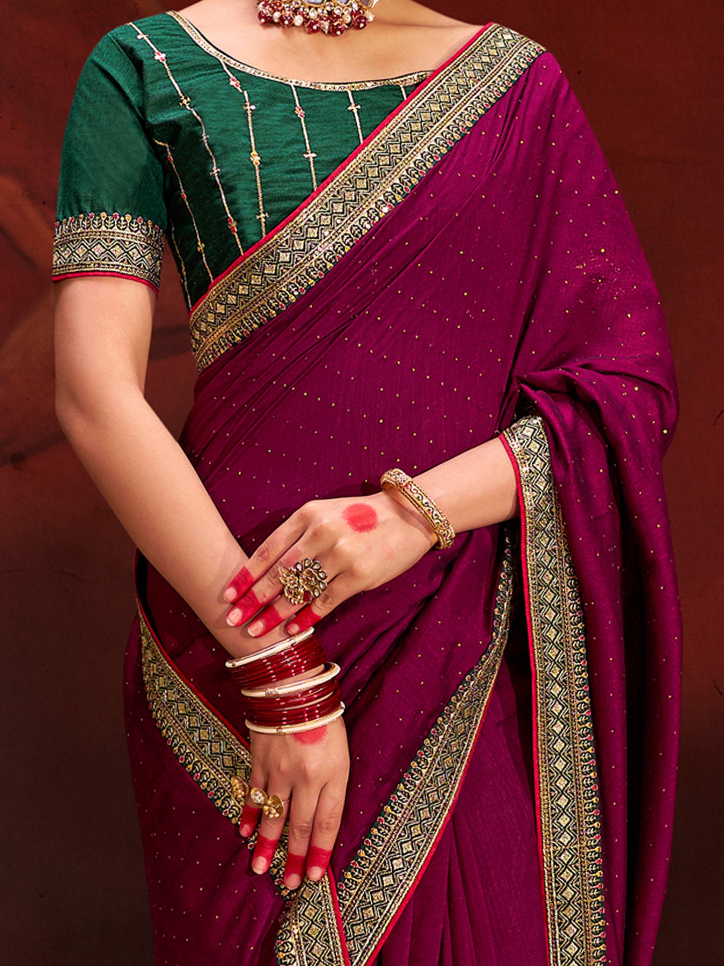 Women's Vichitra Silk Olive Embellished Designer Saree With Blouse Piece