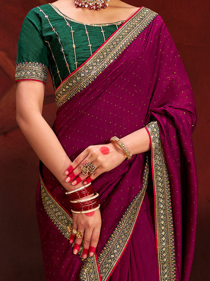 Women's Vichitra Silk Olive Embellished Designer Saree With Blouse Piece