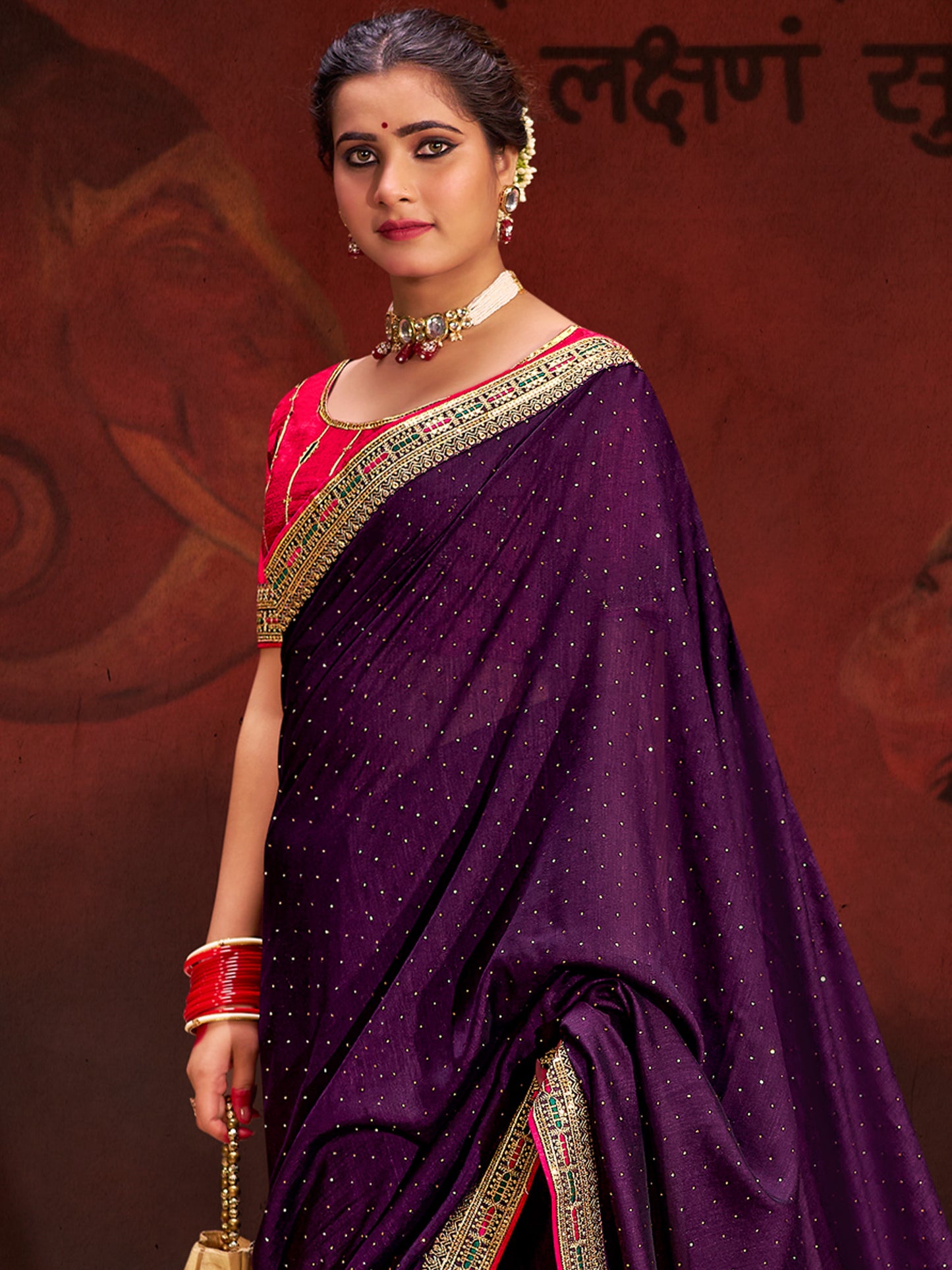 Women's Vichitra Silk Mauve Embellished Designer Saree With Blouse Piece