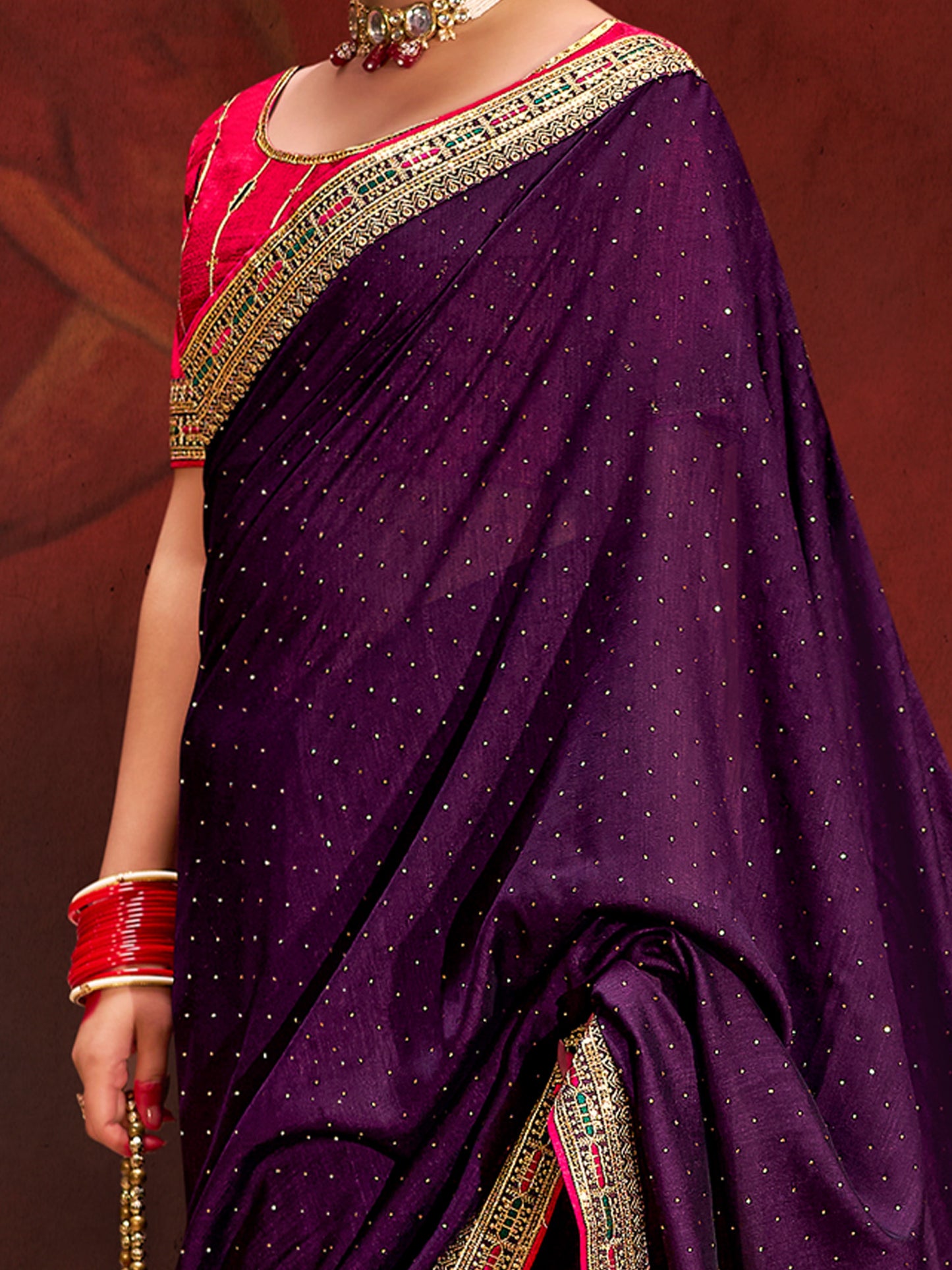 Women's Vichitra Silk Mauve Embellished Designer Saree With Blouse Piece