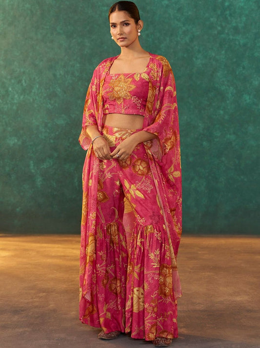 Dhiyona AN Women Floral Printed Regular Pure Silk Top with Sharara & With Dupatta