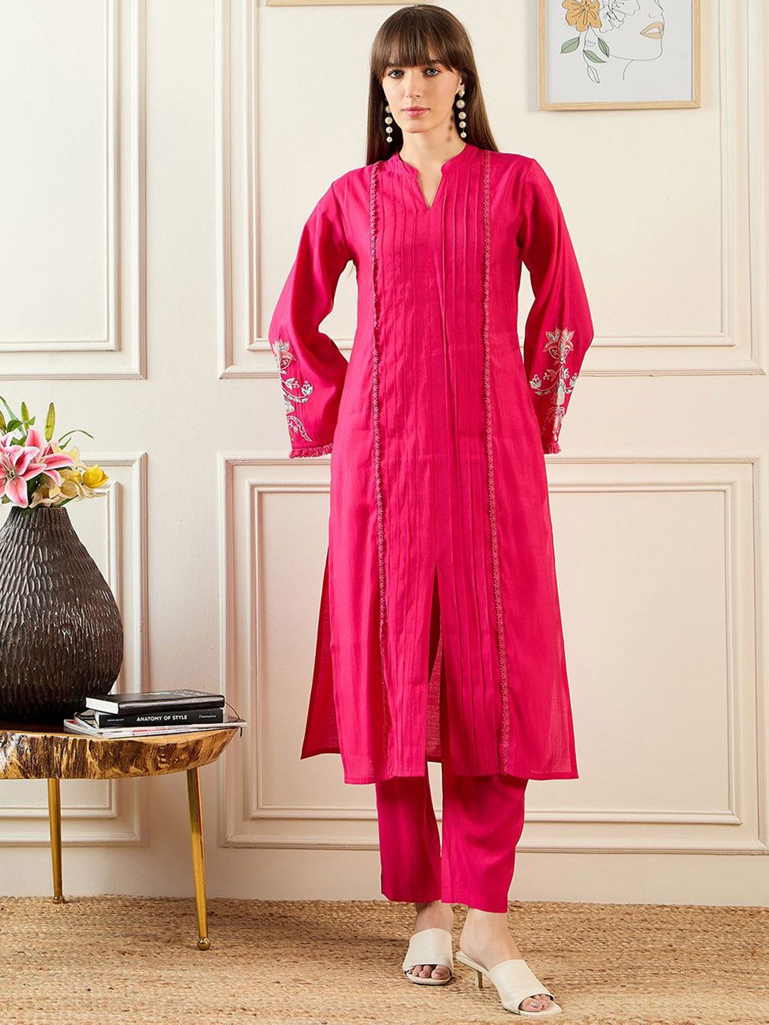 Self Design Mandarin Collar Bell Sleeves Straight Kurta With Trousers