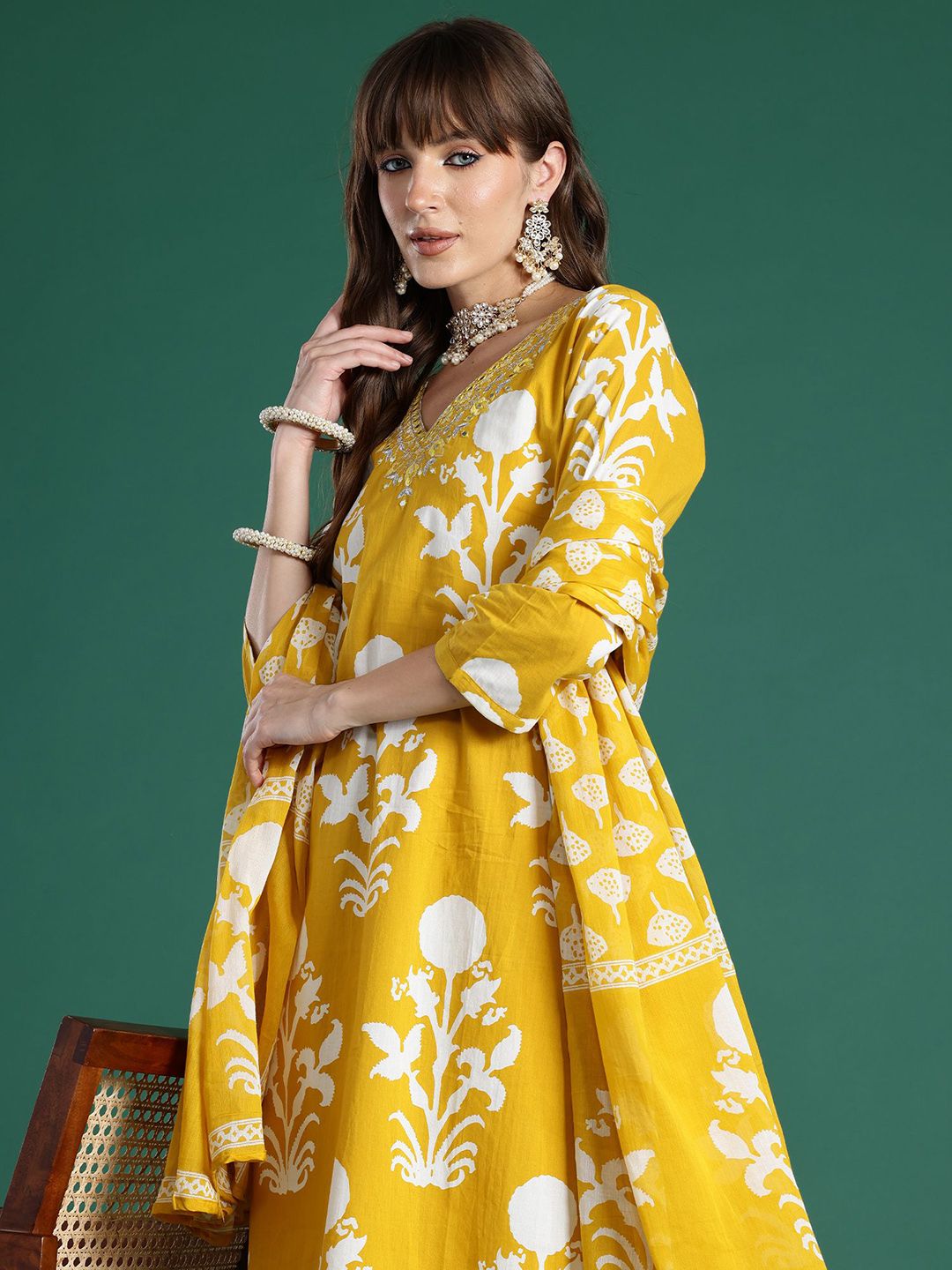 Floral Printed Mirror Work Pure Cotton Kurta With Trousers & Dupatta