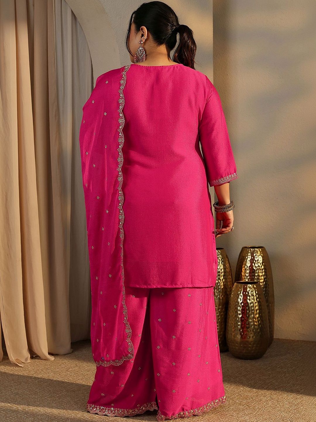 Dhiyona Women's Plus Size Ethnic Motifs Embroidered Kurta with Palazzo & Dupatta