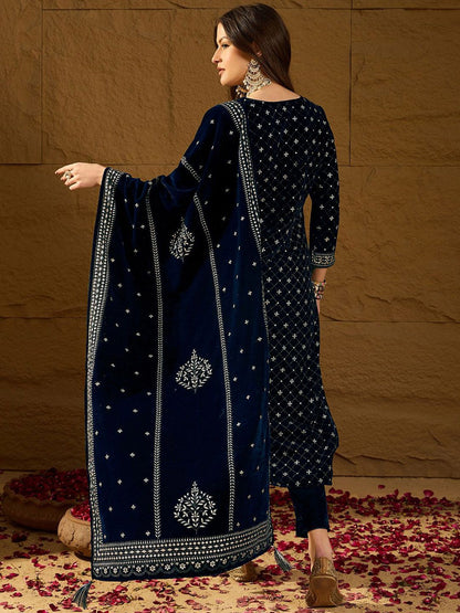 Dhiyona PD Women Embroidered Velvet Straight Kurta With Trousers And Dupatta