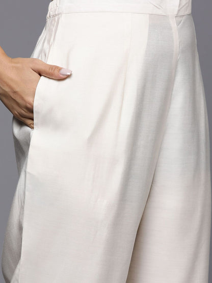 Cream-Coloured Embroidered Sequined Cotton Zari Kurta With Trousers & Dupatta