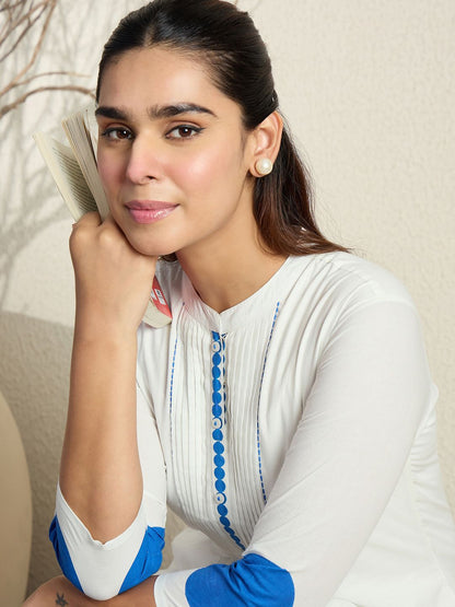 Printed Pleated Thread Work Pure Cotton Kurta With Trousers