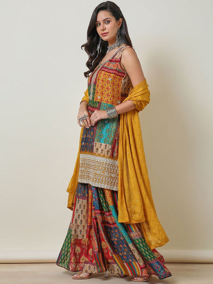 Dhiyona SO Women's Mustard Yellow Ethnic Motifs Printed Zari Straight Kurta With Sharara & Dupatta