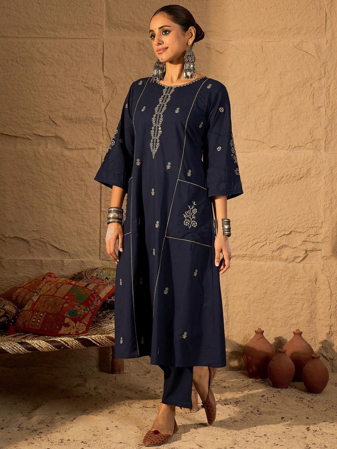 Dhiyona IE Embroidered Round Neck Pure Cotton Tunic With Trousers
