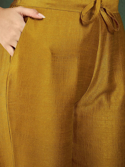 Dhiyona SN Women's Mustard Yellow & Green Floral Embroidered Zari Kurta With Trousers & Dupatta