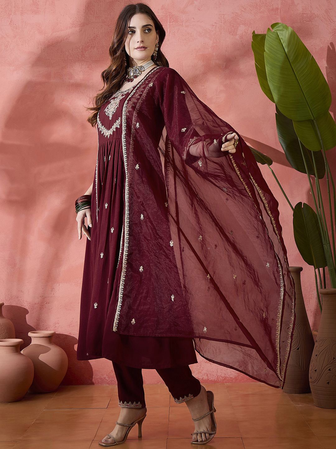 Dhiyona SN Women's Floral Embroidered Pleated Sequinned A-Line Kurta With Trouser And Dupatta
