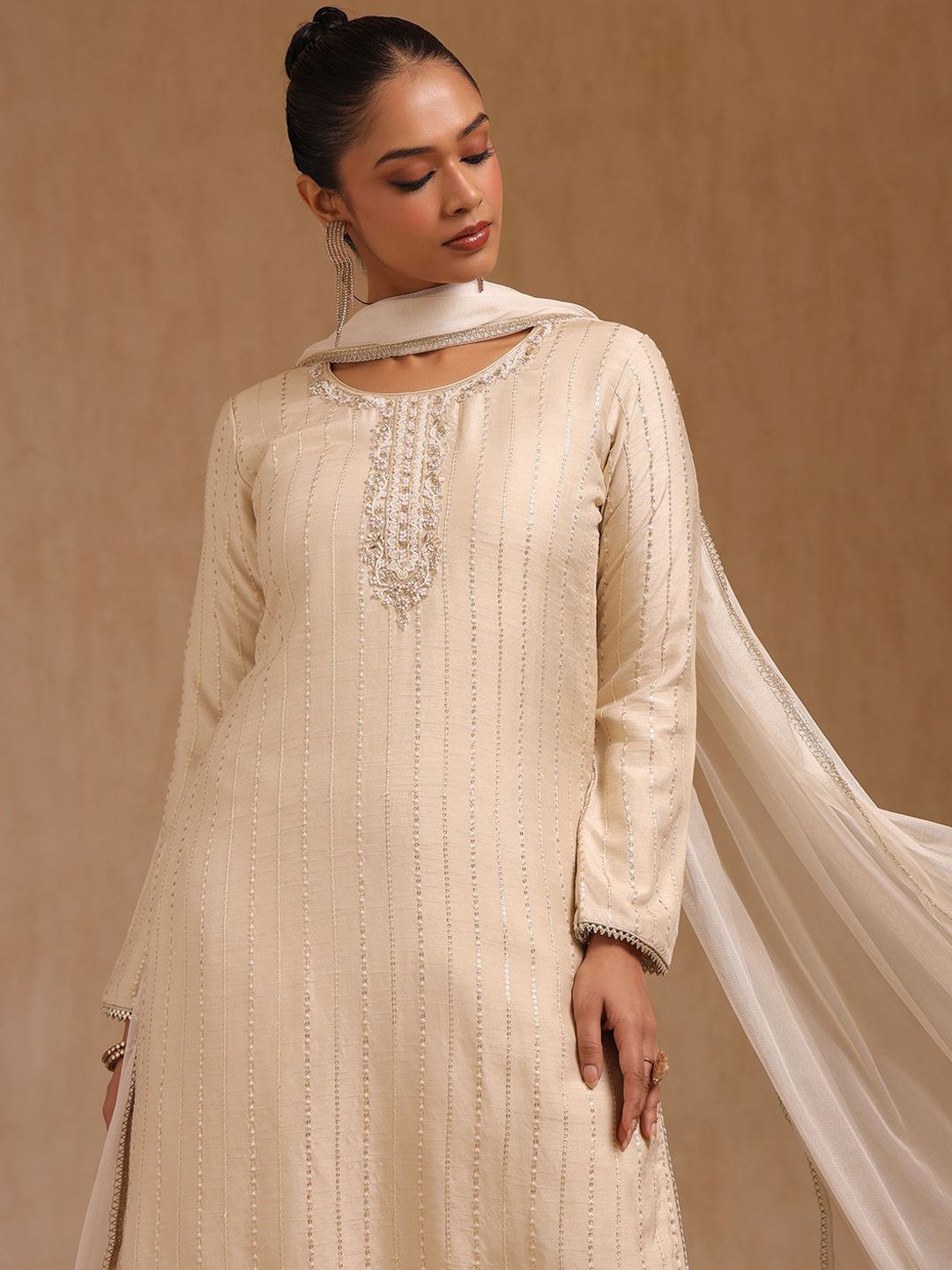 Dhiyona SO Women's Women Woven Design Embroidered Beads and Stone Kurta Set With Dupatta