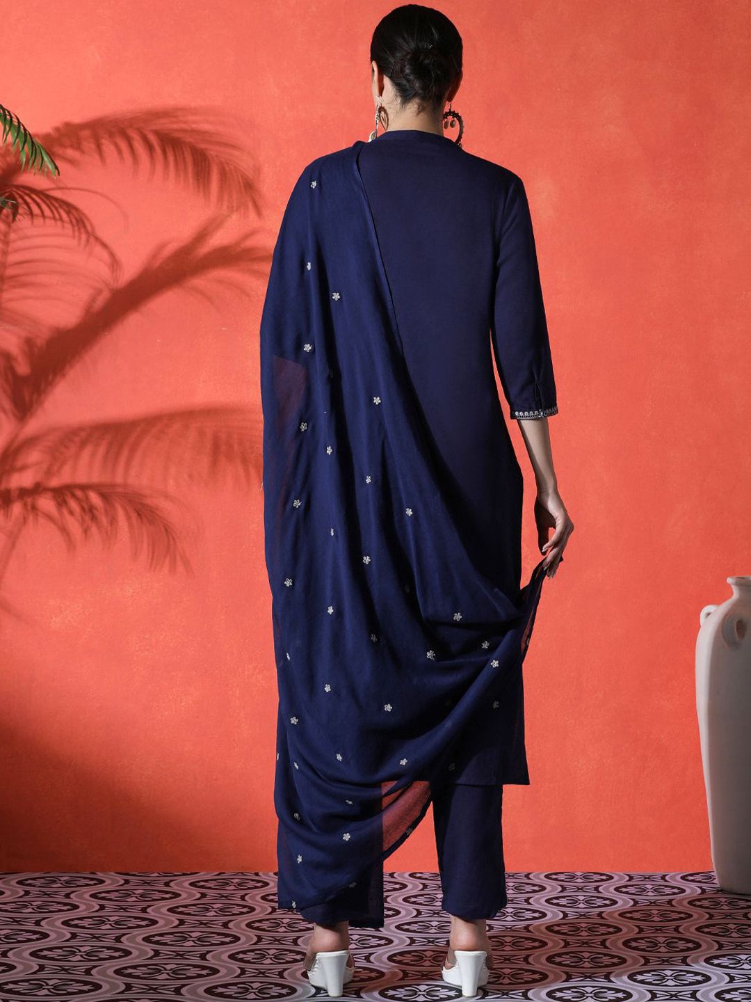 Dhiyona SN Women's Floral Embroidered Mandarin Collar A-Line Kurta With Trousers & Dupatta