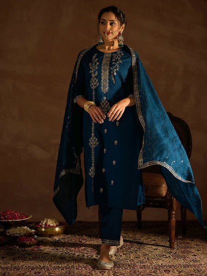 Women's Teal Embroidered Straight Kurta Trousers With Dupatta set