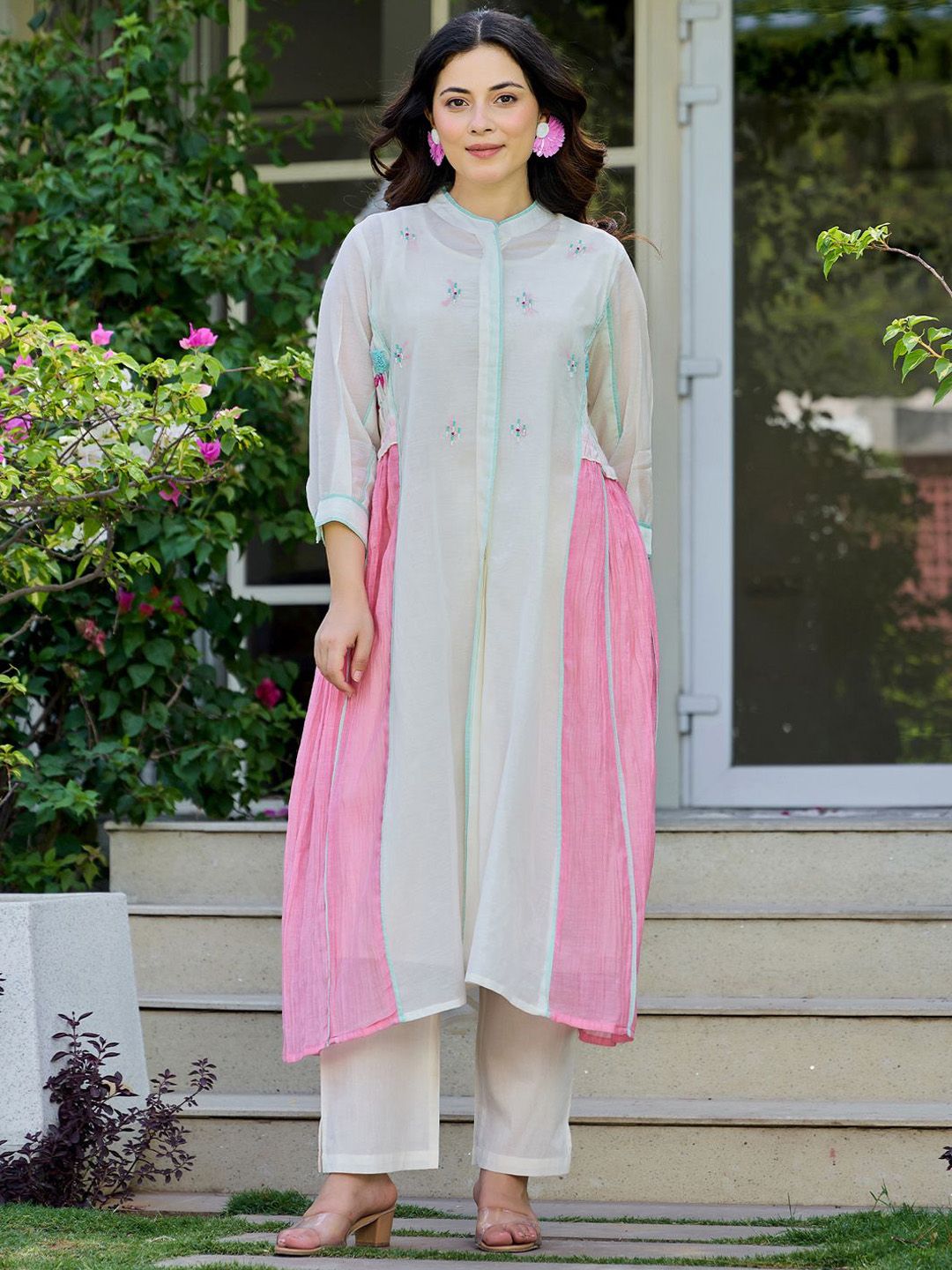 Dhiyona IE Floral Printed Pure Cotton Mandarin Collar Tunic With Trousers