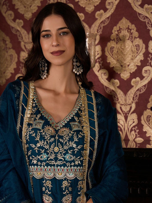 Dhiyona CH Floral Embroidered Pleated V-Neck Thread Work Kurta With Trousers & Dupatta