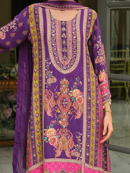 Ethnic Motifs Printed Regular Mirror Work A-Line Kurta With Palazzos & Dupatta