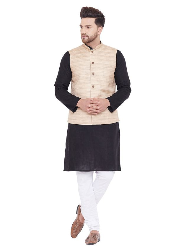 Men's Black Cotton Blend Straight Jacket  Kurta and Pyjama Set