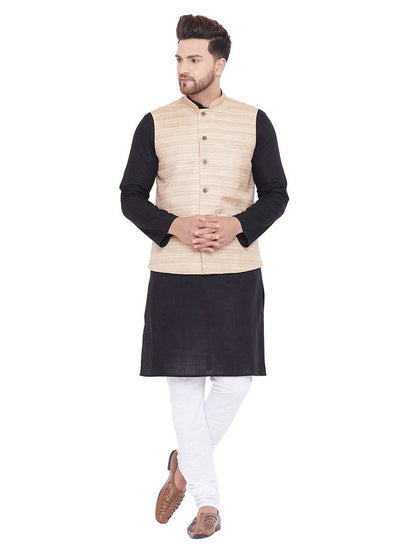 Men's Black Cotton Blend Straight Jacket  Kurta and Pyjama Set