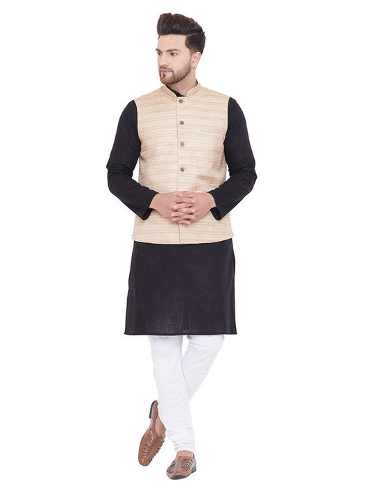 Men's Black Cotton Blend Straight Jacket  Kurta and Pyjama Set
