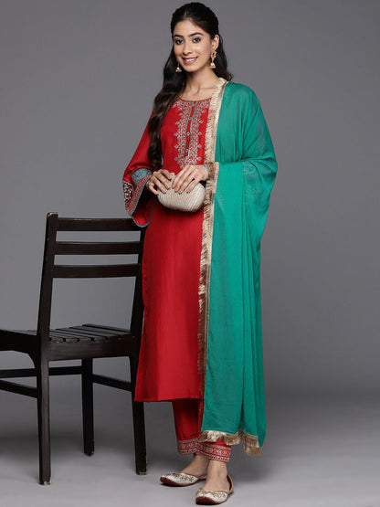 Dhiyona VA Women'sFloral Yoke Design Sequinned Kurta With Trousers & Dupatta