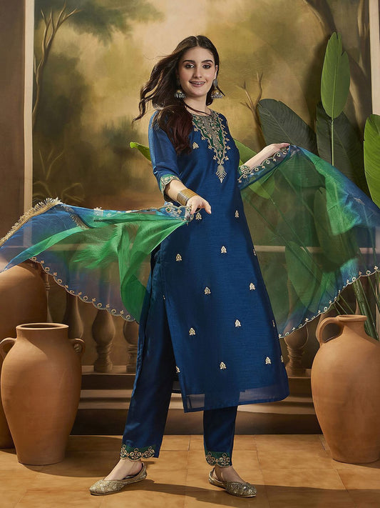Dhiyona SN Women's Embroidered Sequence Kurta Trousers with Dupatta