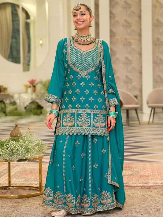 Dhiyona IE Women Ethnic Motifs Embroidered Zari Regular Kurta with Sharara & With Dupatta
