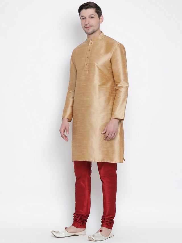 Men's Gold Silk Blend Straight Kurta Pyjama Set