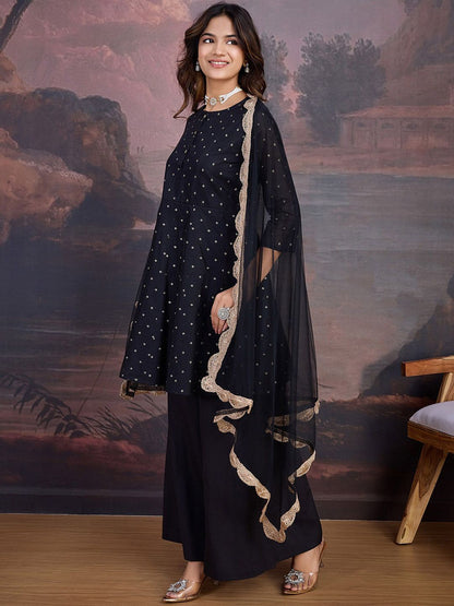 Dhiyona PD Women Floral Woven Design Chanderi Cotton A-Line Kurta & Trousers With Dupatta