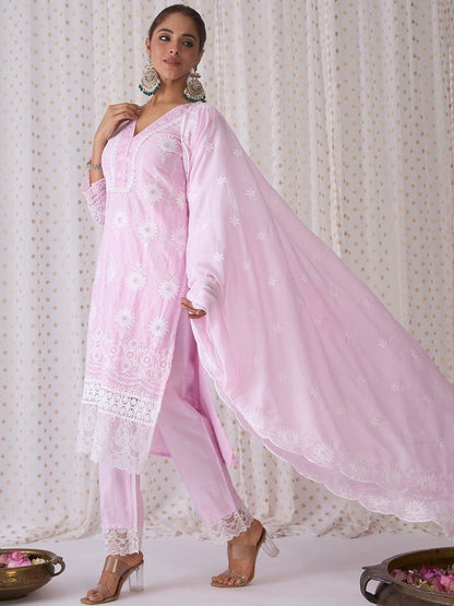 Women Ethnic Motifs Embroidered Regular Chikankari Pure Cotton Kurta with Trousers & With Dupatta
