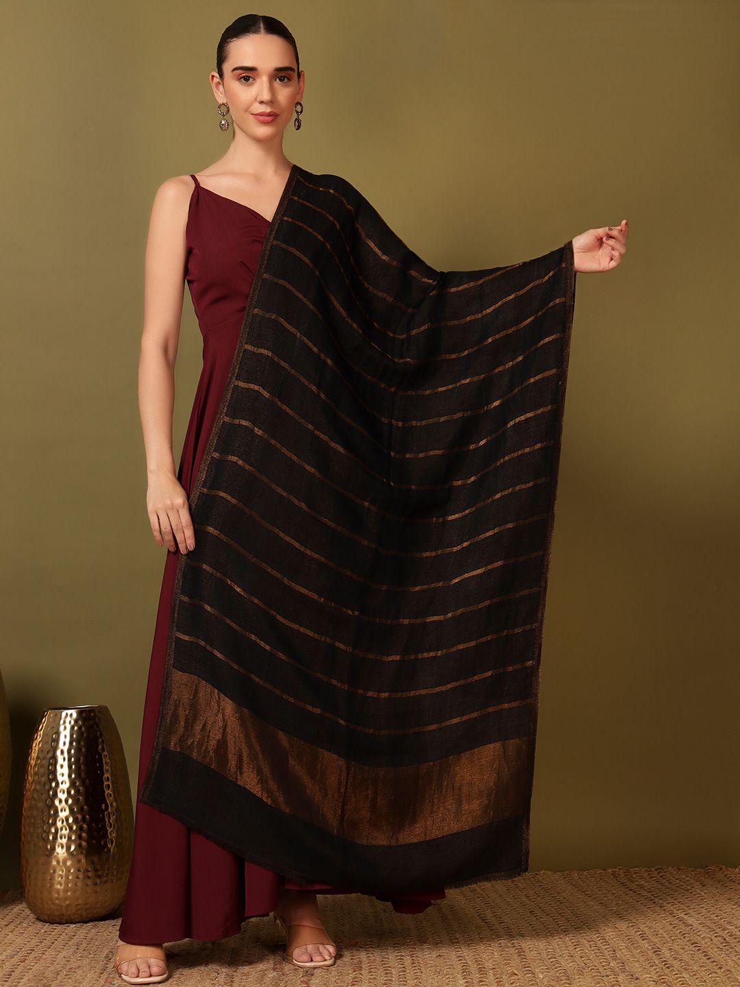 Dhiyona PA Striped Woven Design Woolen Reversible Shawl