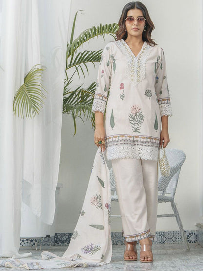 Dhiyona PD Women Floral Printed V-Neck Sequinned Straight Kurta With Trouser & Dupatta