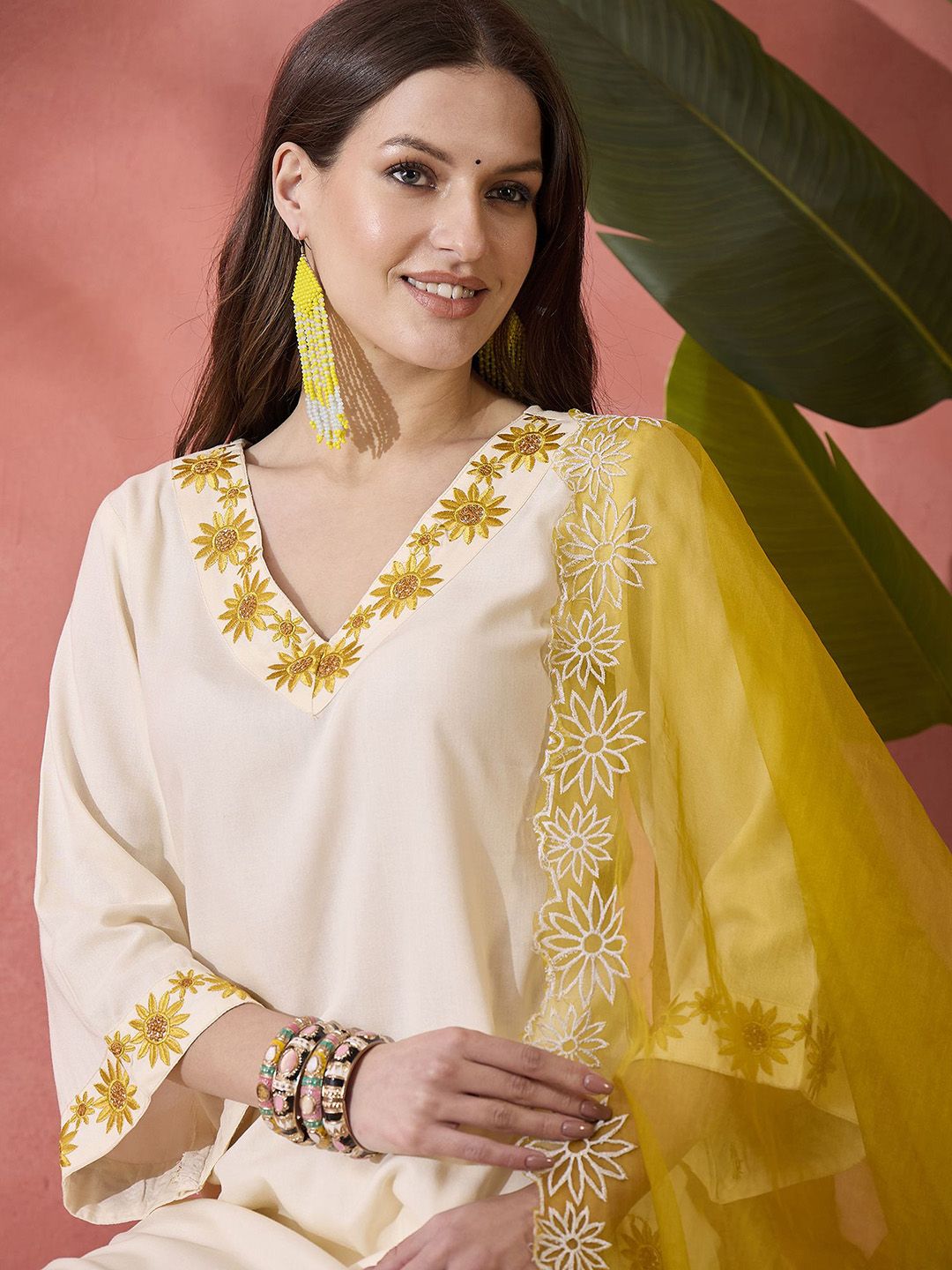 Dhiyona SN Women's Cream Floral Embroidered V-Neck Straight Kurta With Trouser And Dupatta