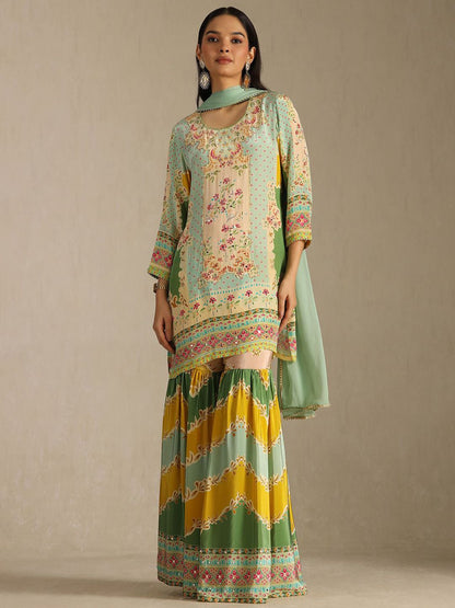 Dhiyona SO Women's Floral Printed Mirror Work Straight Kurta With Sharara & With Dupatta