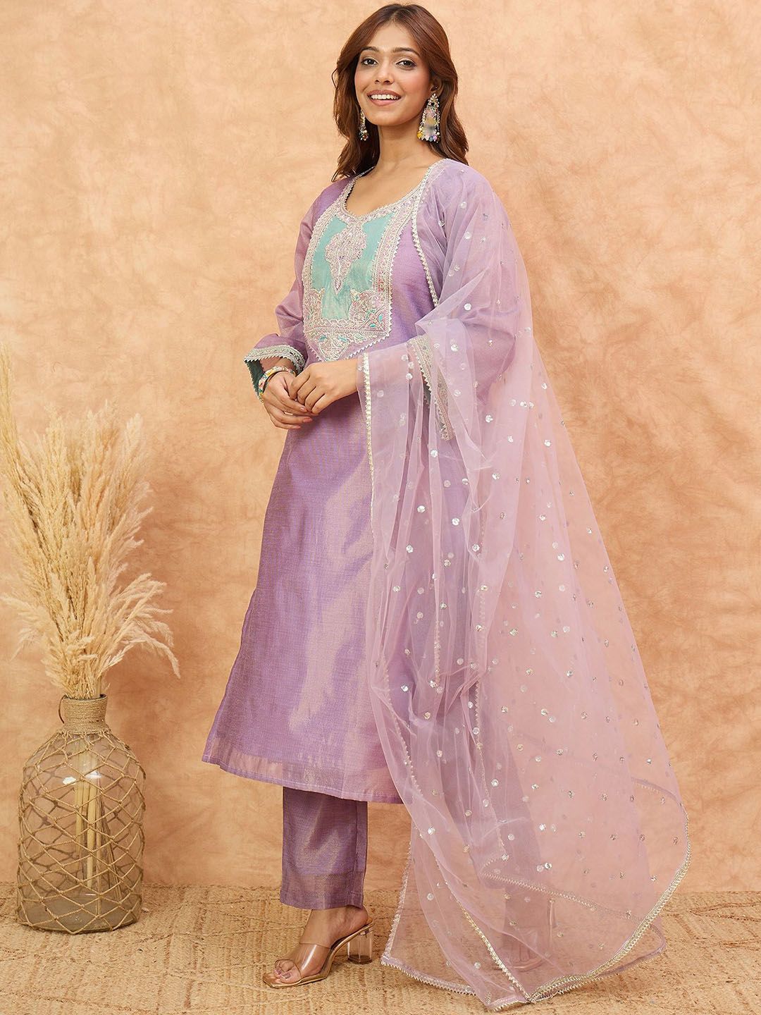 Dhiyona VA Women's Ethnic Motifs Yoke Design Zari Kurta with Trousers & Dupatta
