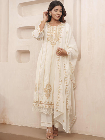 Dhiyona PD Women Floral Embroidered Pure Cotton Kurta & Trousers With Dupatta