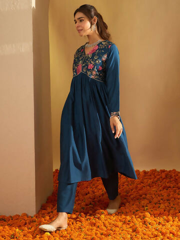 Women's Teal Embroidered A-Line Kurta Trousers Set
