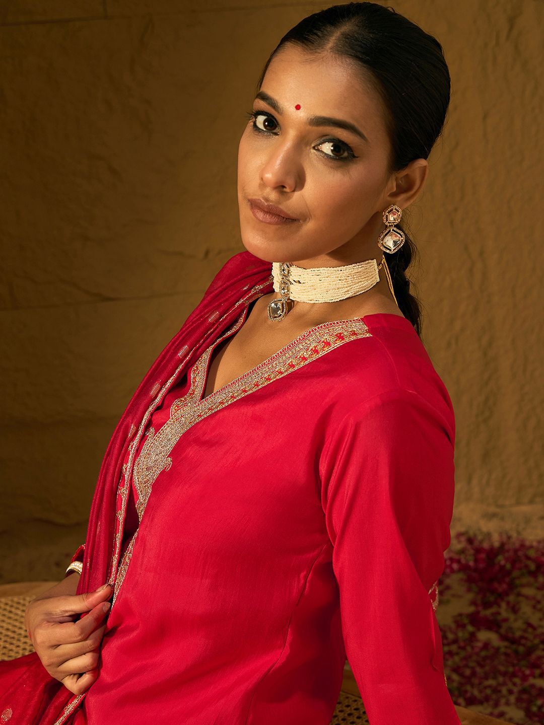 Ethnic Motifs Embroidered V-Neck Straight Kurta With Trousers & Dupatta