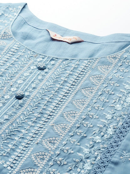 Embroidered Sequinned Kurta With Trousers & Dupatta