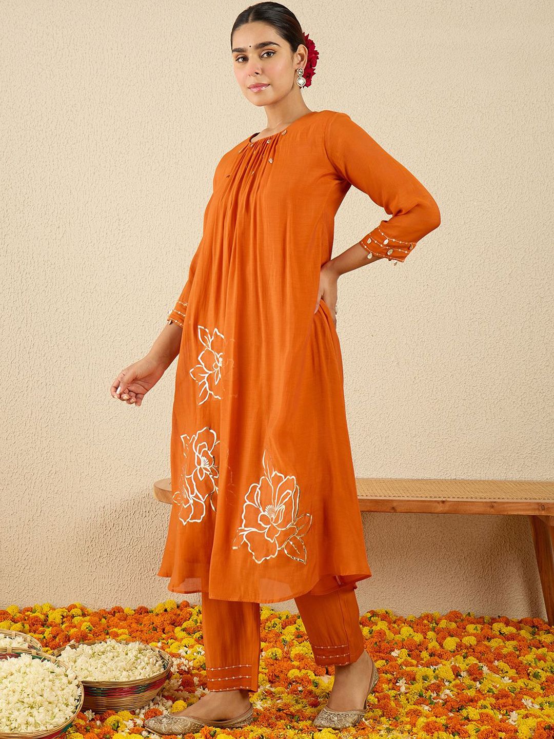 Women Floral Embroidered Regular Gotta Patti Kurta with Trousers