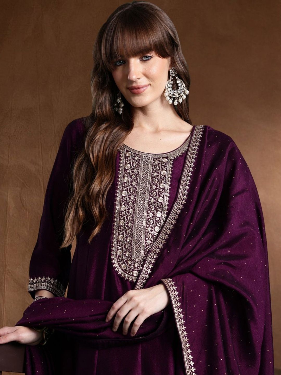 Women Ethnic Motifs Embroidered Panelled Thread Work Kurta with Trousers & With Dupatta