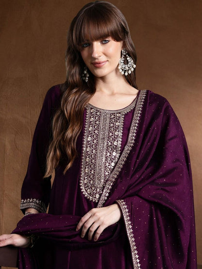 Women Ethnic Motifs Embroidered Panelled Thread Work Kurta with Trousers & With Dupatta