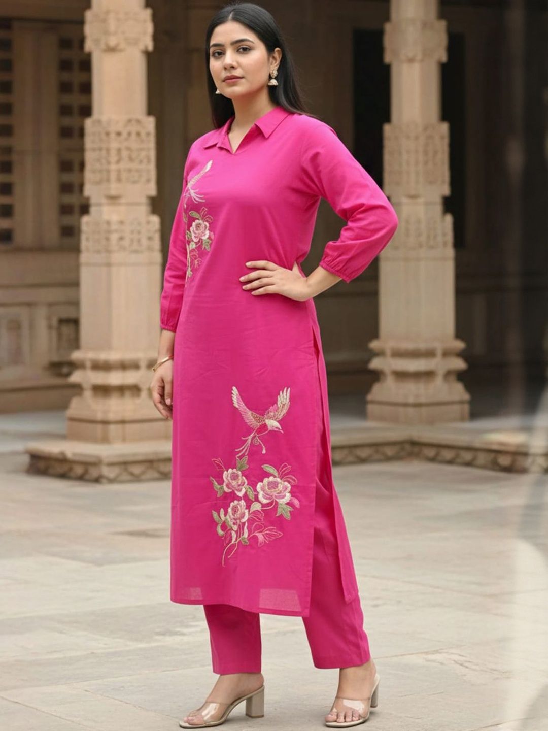 Women Floral Embroidered Regular Thread Work Pure Cotton Kurta with Trousers