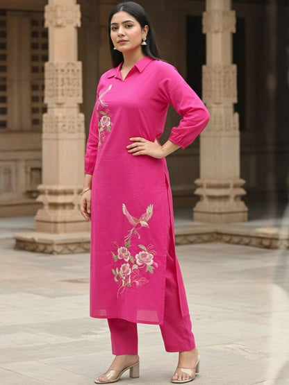 Women Floral Embroidered Regular Thread Work Pure Cotton Kurta with Trousers