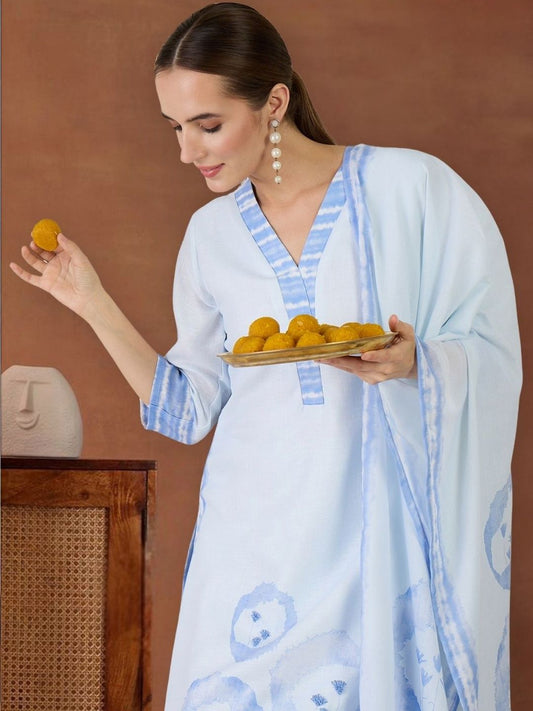 Women Ethnic Motifs Printed Regular Linen Kurta with Trousers & With Dupatta