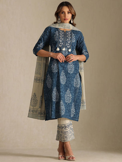 Dhiyona SO Women's Women Printed Calf Length Thread Work Straight Kurta with Trousers & With Dupatta