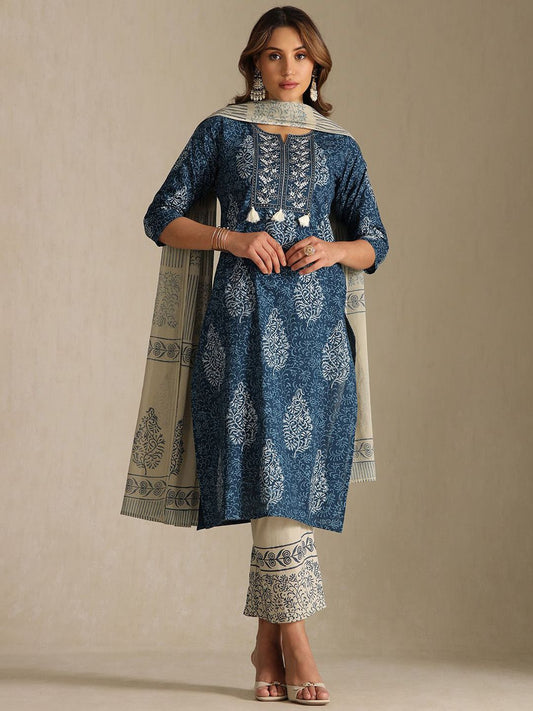 Dhiyona SO Women's Women Printed Calf Length Thread Work Straight Kurta with Trousers & With Dupatta