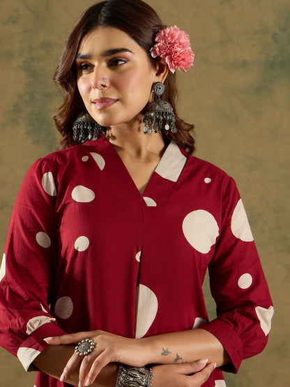 Dhiyona IE V-Neck Printed Pleated Pure Cotton A-Line Kurta with Trousers