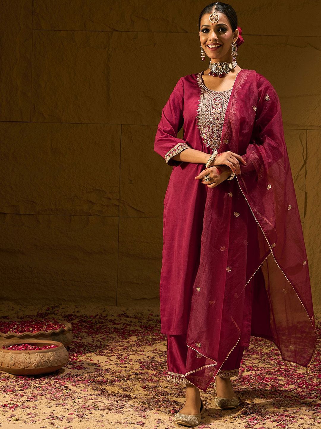 Maroon Ethnic Motifs Embroidered Straight Zari Kurta With Trousers & Dupatta