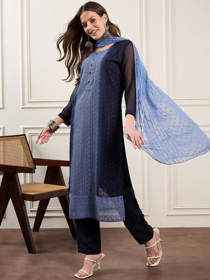 Dhiyona PD Women Embroidered Ombre & Schiffli Straight Kurta With Trousers And Dupatta